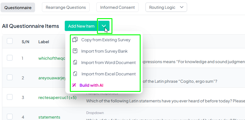 Dropdown Menu Displaying Bulk Import Options