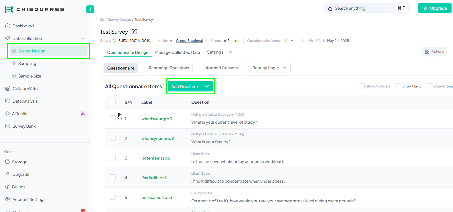 Survey Design Module Interface