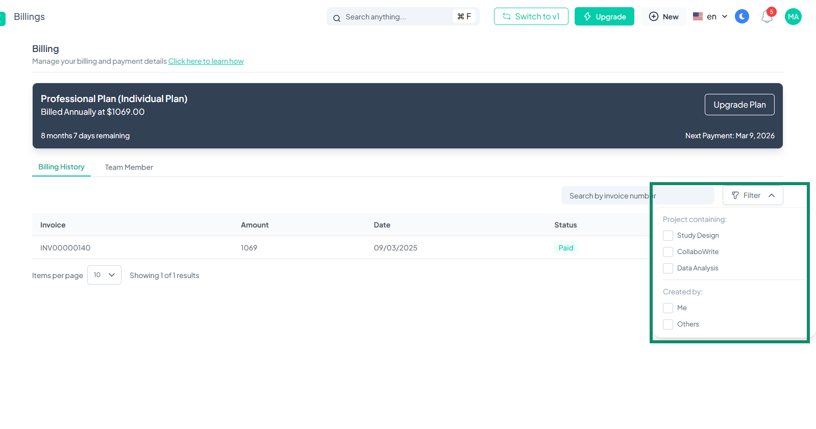billing filter