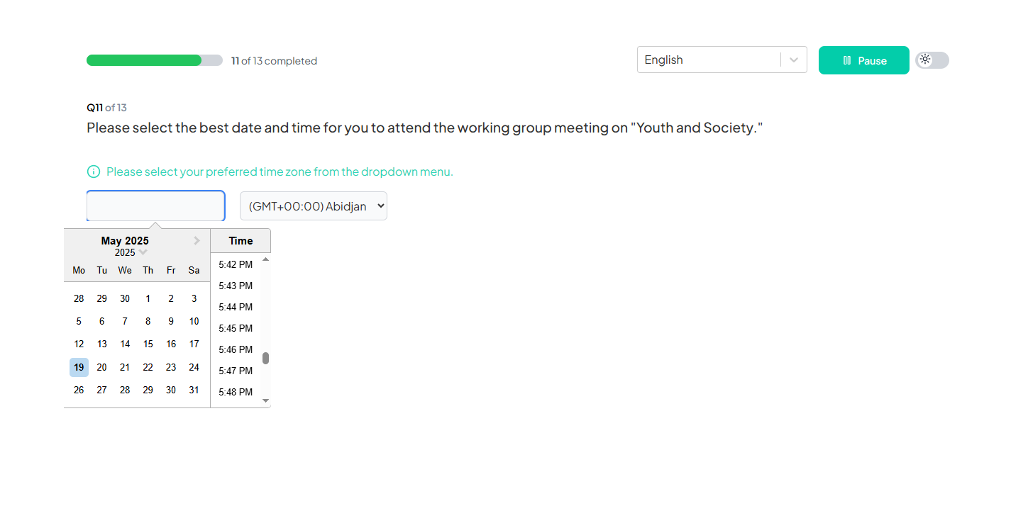 Date-Time Response Question Example Participant Portal
