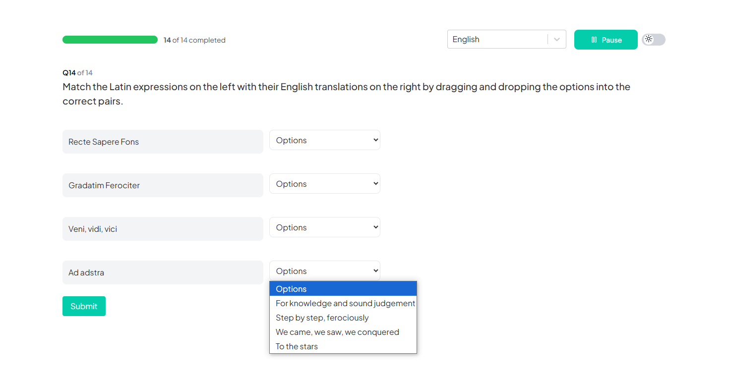 Item-to-Option Matching Question Example Participant Portal