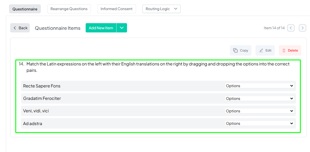 Item-to-Option Matching Question Example Pushed Preview