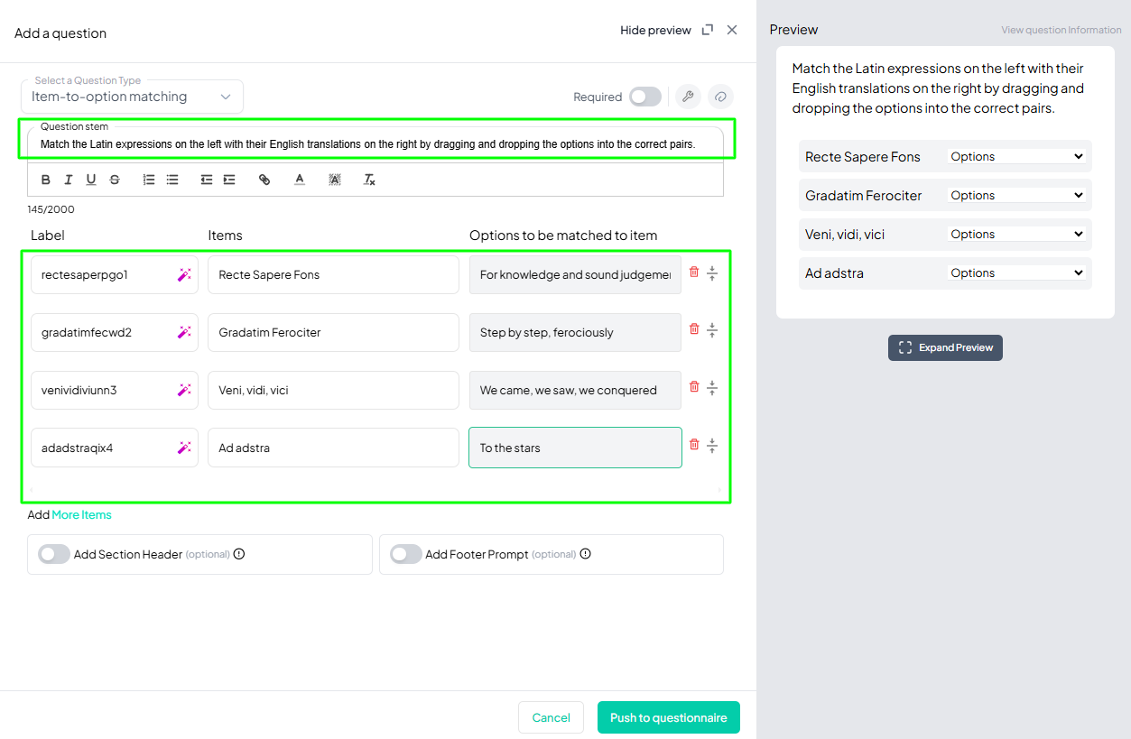 Item-to-Option Matching Question Example Added