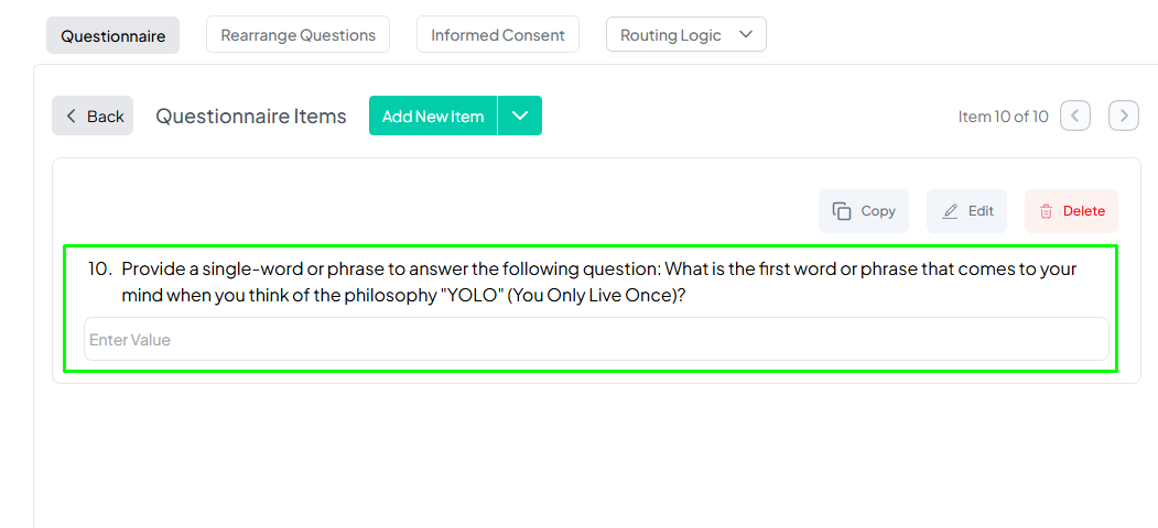 Single-Value Response Question Example Pushed Preview