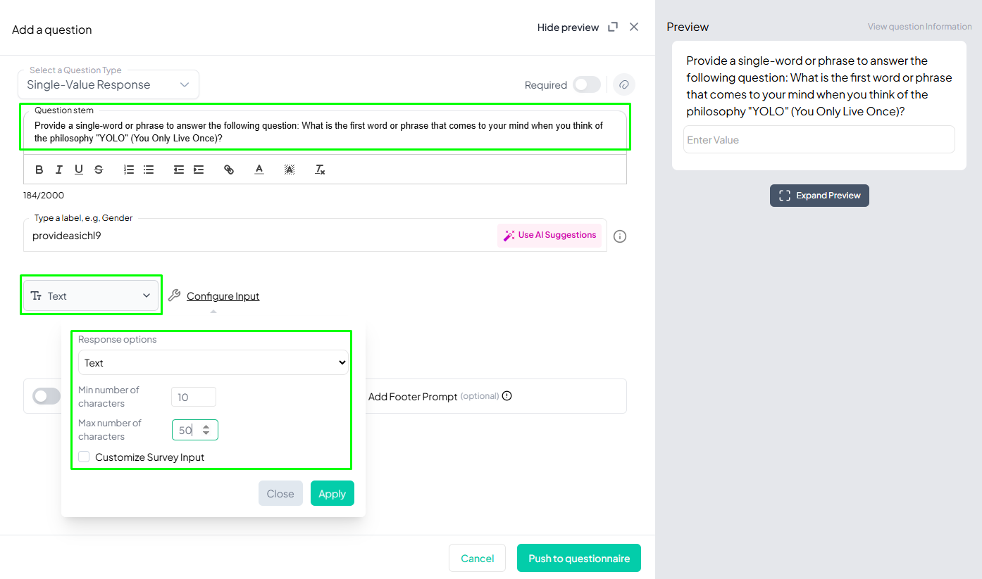 Single-Value Response Question Example Added
