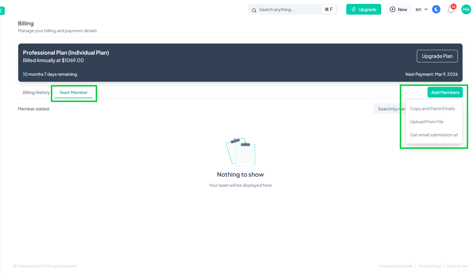 Add team members to billing