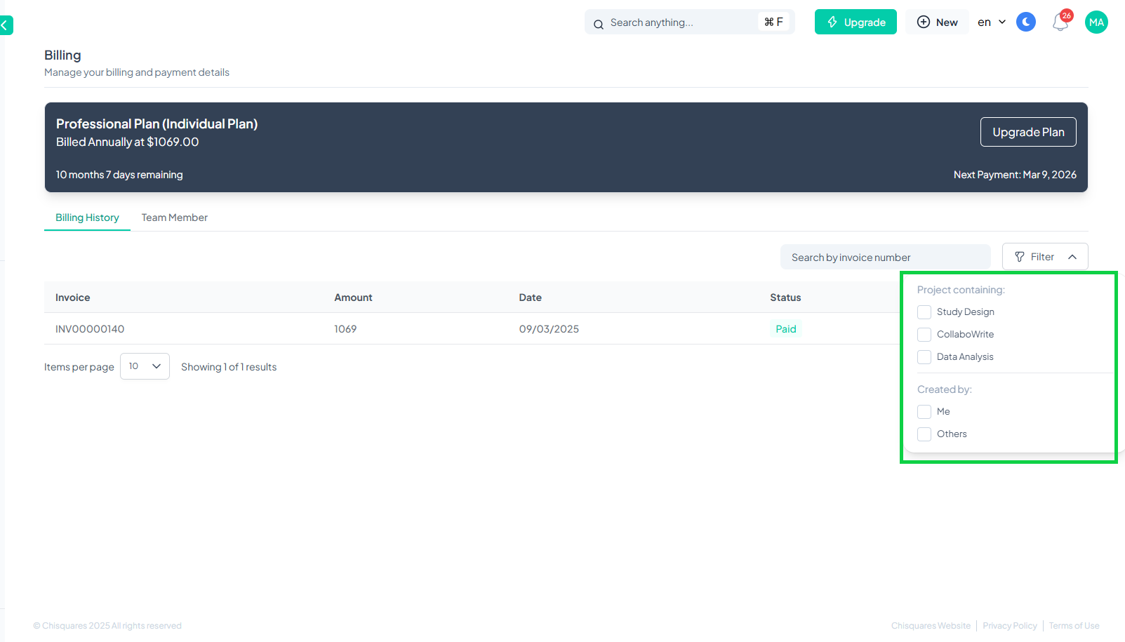 billing filter