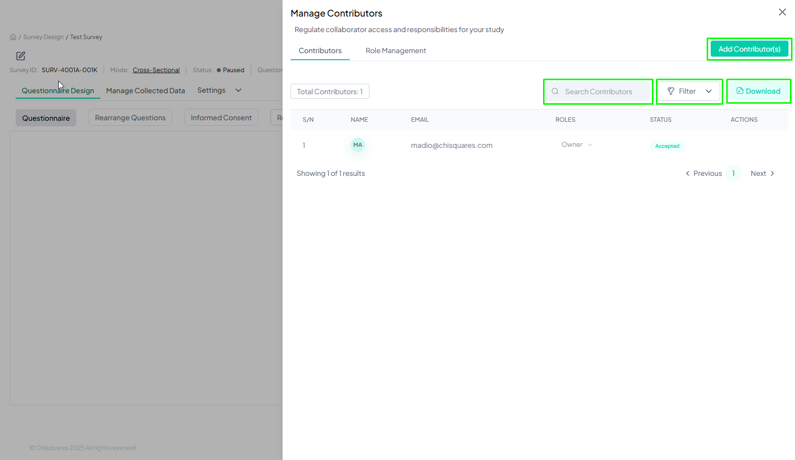 Search bar, Filter options dropdown and Download button interface