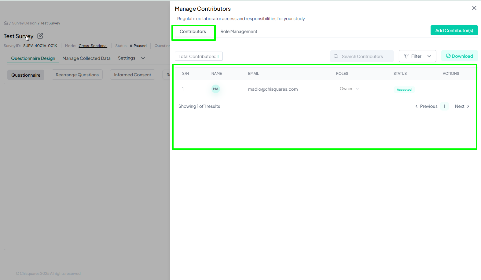 Contributor table with columns highlighted