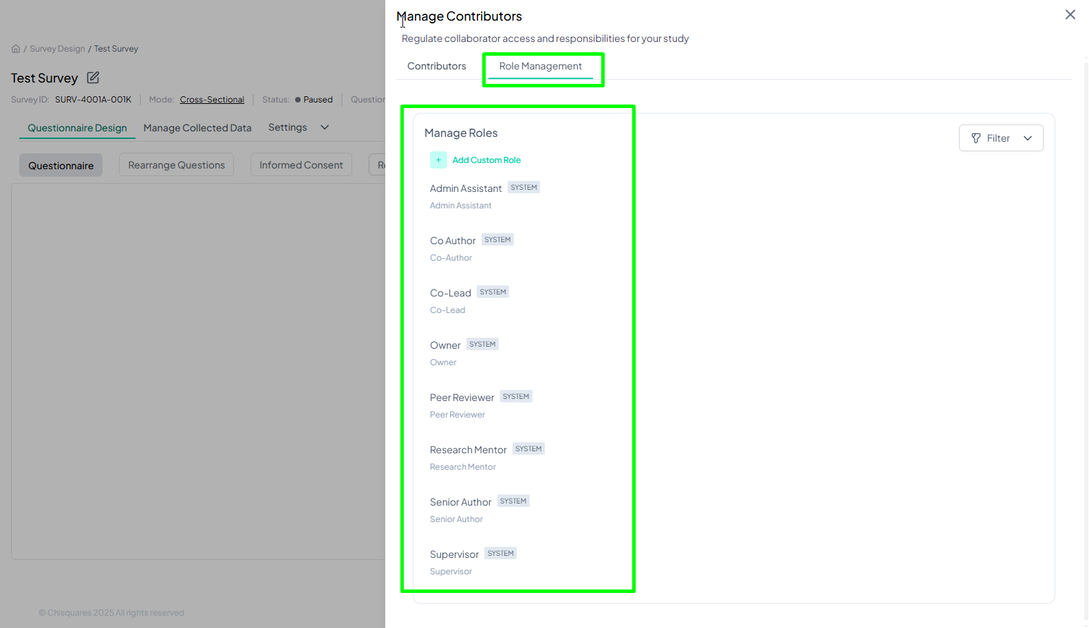 Role list with permissions option