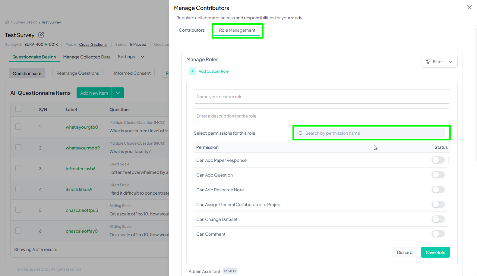Custom role setup interface with permission search bar highlighted