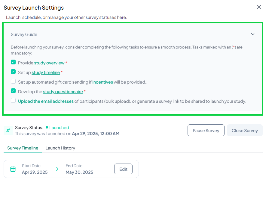 Survey Launch Settings