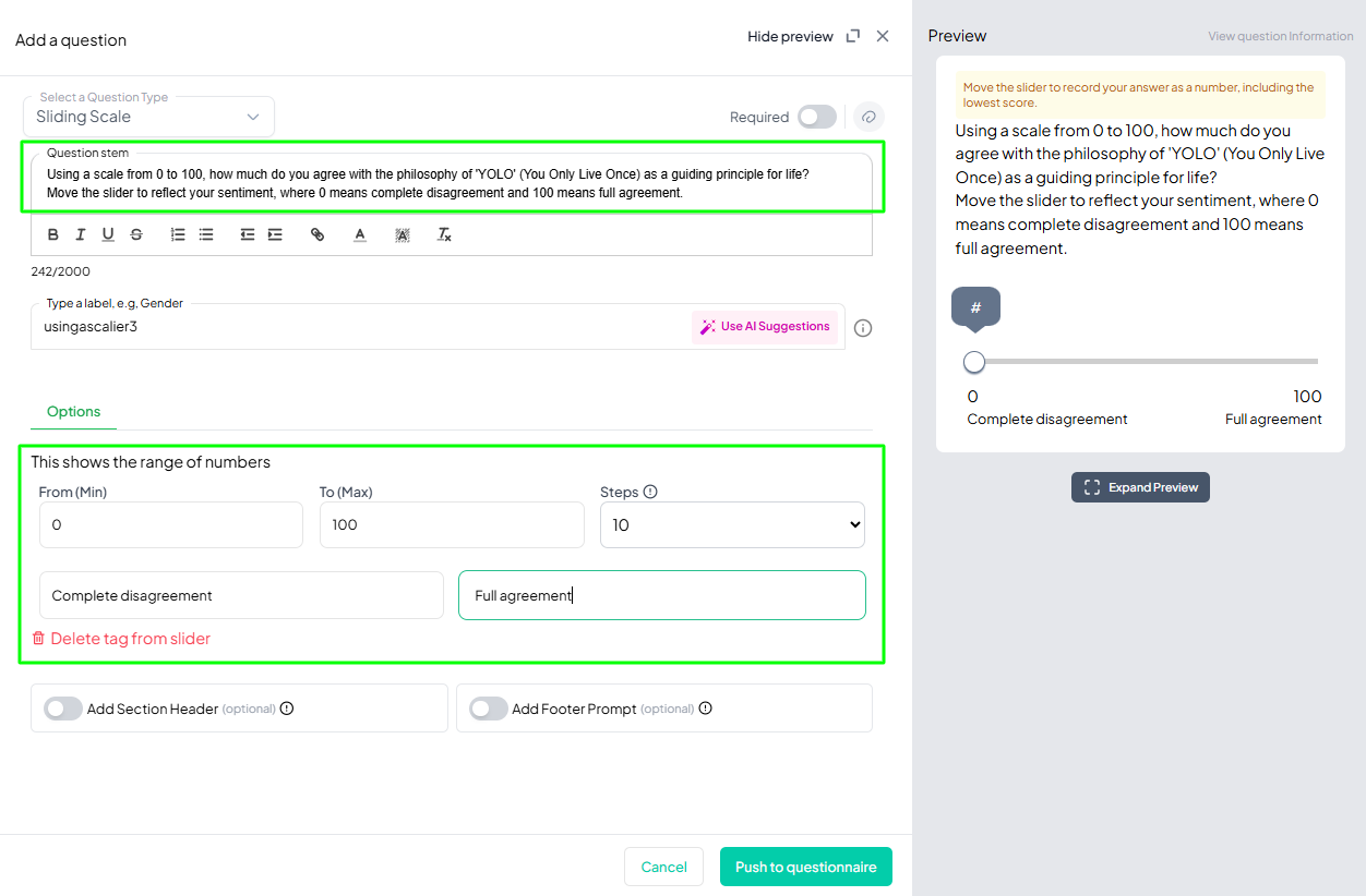 Sliding Scale Question Example Added